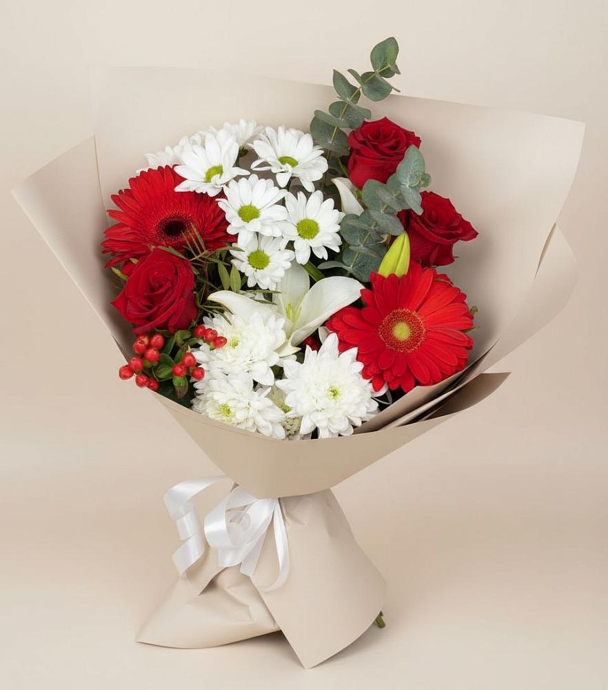 Букет цветов из: Розы, Хризантемы, Герберы и Лилии в Высокая Гора Татарстан